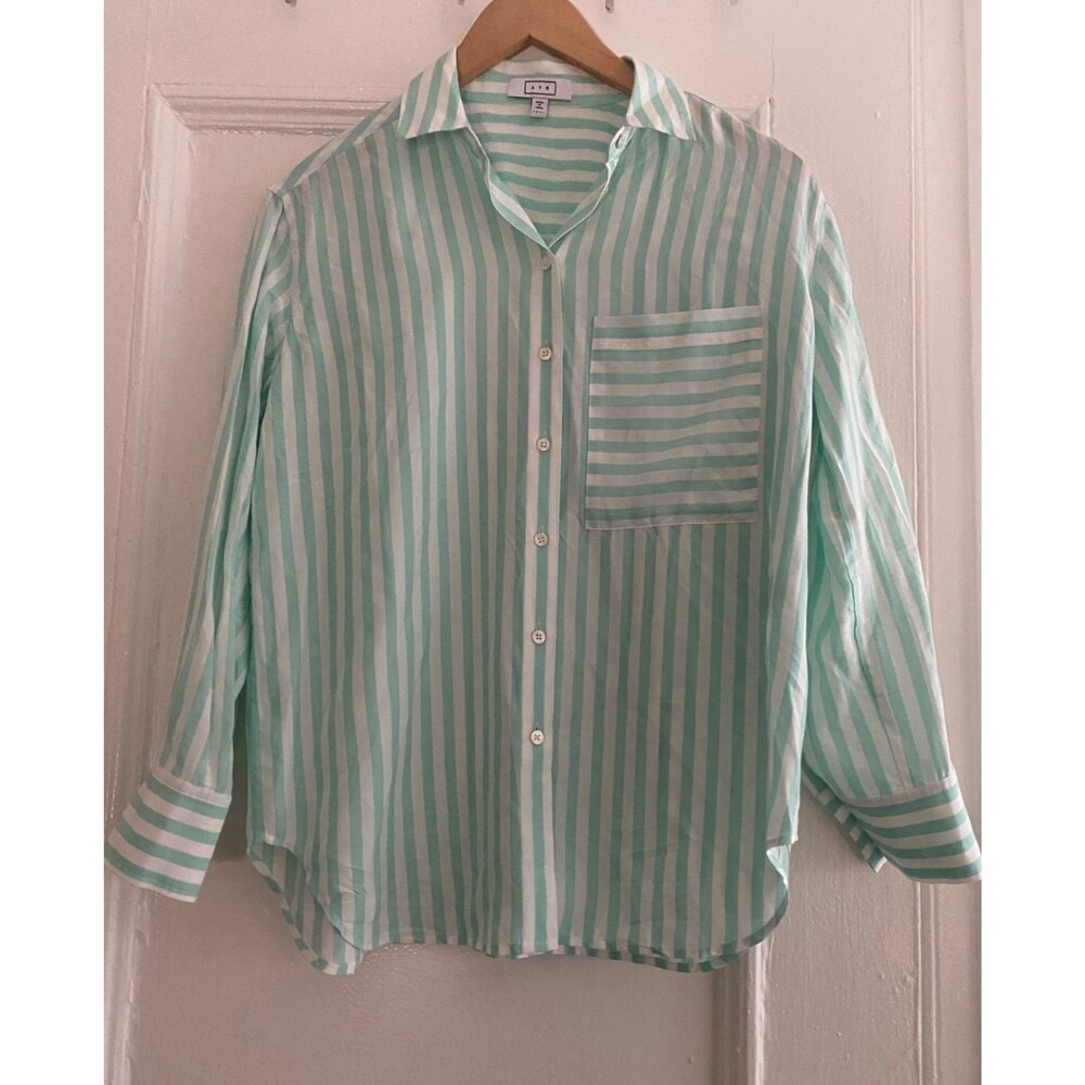 AYR The Deep End Silk Viscose Striped Button Down Shirt Mint Green White XS EUC